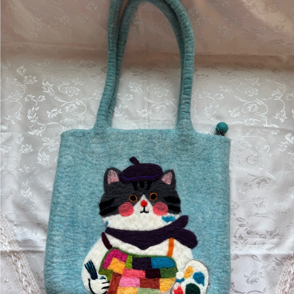 Handmade Wool Felt Colorful Cat Design Tote Bag